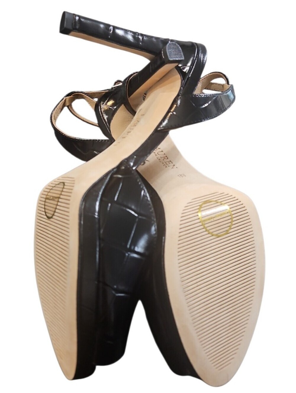 Lauren Ralph Lauren Kyla Croc Embossed Leather Peep Toe Sandal Heels 8 - Picture 15 of 16